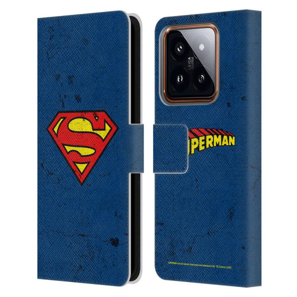 Superman DC Comics Logos Distressed Leather Book Wallet Case Cover For Xiaomi 14