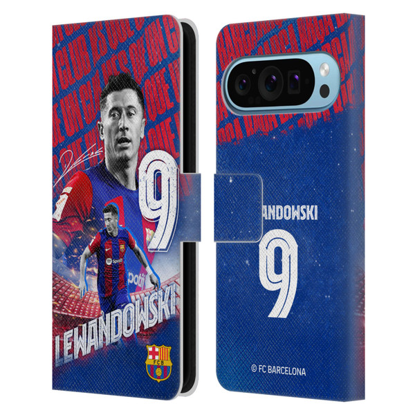 FC Barcelona 2023/24 First Team Robert Lewandowski Leather Book Wallet Case Cover For Google Pixel 9 / Pixel 9 Pro