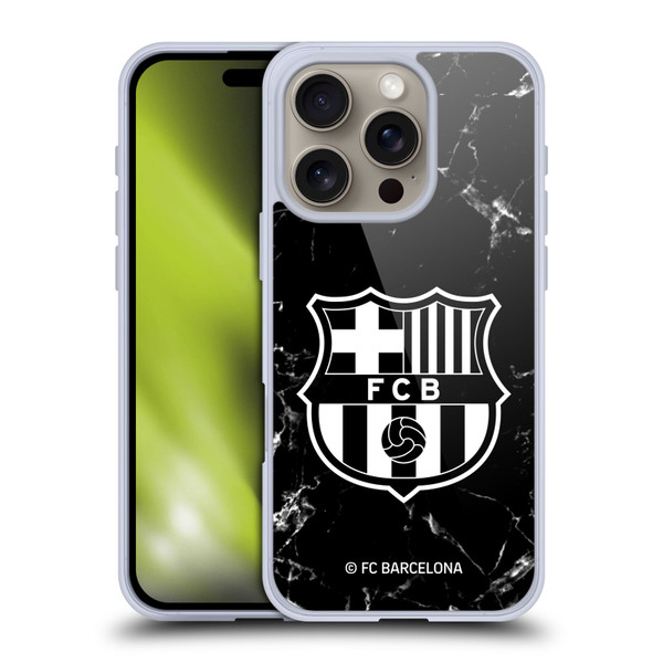 FC Barcelona Crest Patterns Black Marble Soft Gel Case for Apple iPhone 16 Pro