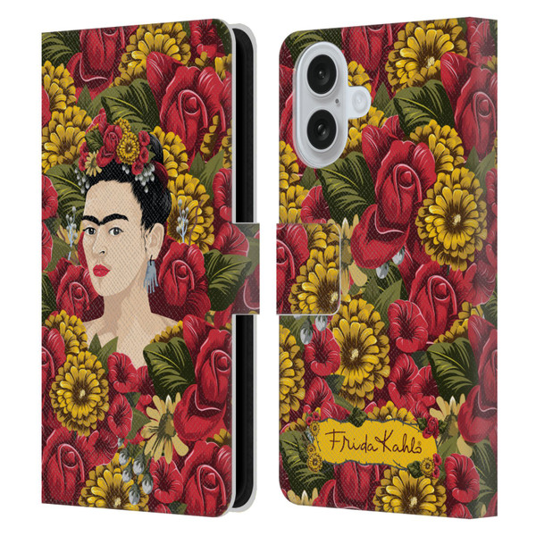 Frida Kahlo Red Florals Portrait Pattern Leather Book Wallet Case Cover For Apple iPhone 16