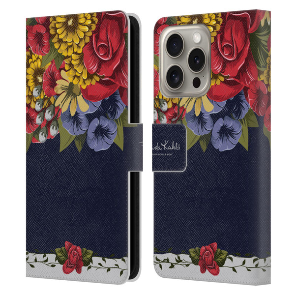 Frida Kahlo Red Florals Blooms Leather Book Wallet Case Cover For Apple iPhone 16 Pro