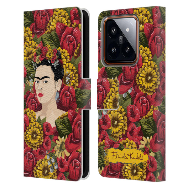 Frida Kahlo Red Florals Portrait Pattern Leather Book Wallet Case Cover For Xiaomi 14
