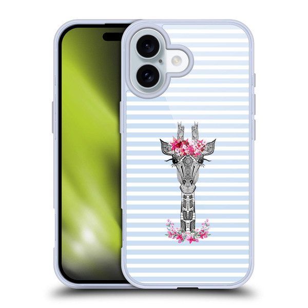 Monika Strigel Flower Giraffe And Stripes Blue Soft Gel Case for Apple iPhone 16