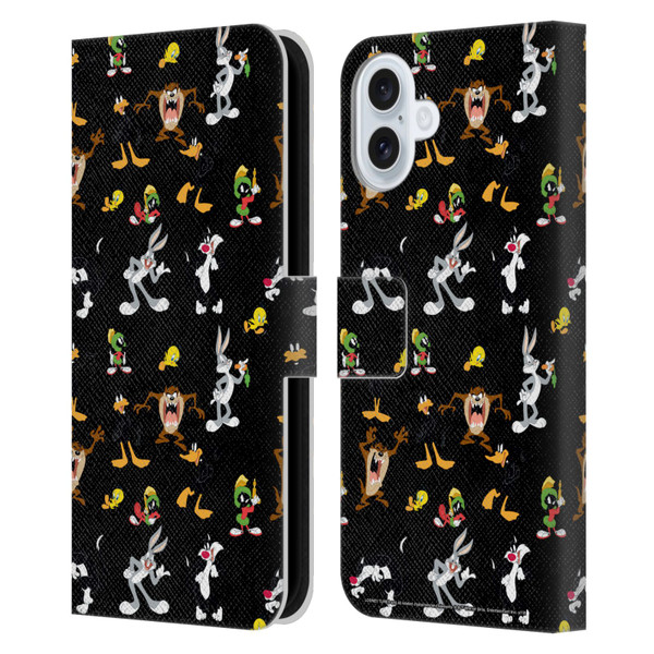 Looney Tunes Patterns Black Leather Book Wallet Case Cover For Apple iPhone 16 Plus
