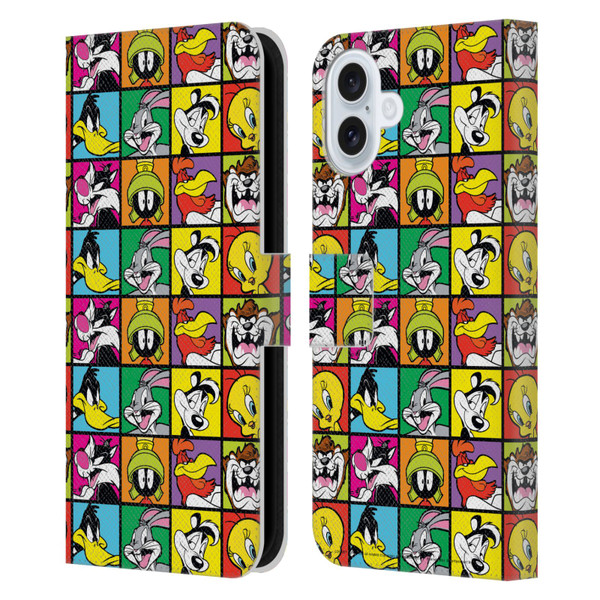 Looney Tunes Patterns Tiles Leather Book Wallet Case Cover For Apple iPhone 16 Plus