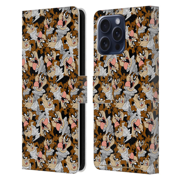 Looney Tunes Patterns Tasmanian Devil Leather Book Wallet Case Cover For Apple iPhone 16 Pro Max