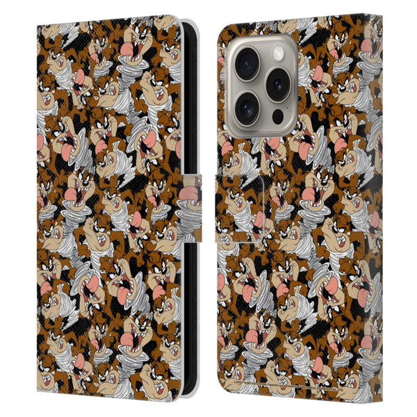 Looney Tunes Patterns Tasmanian Devil Leather Book Wallet Case Cover For Apple iPhone 16 Pro