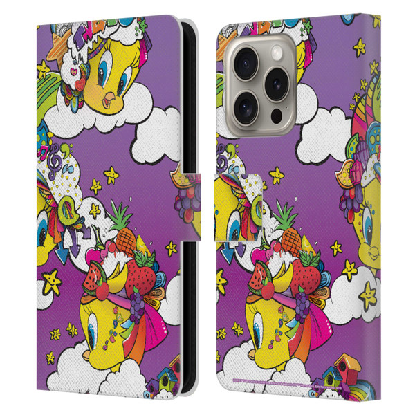 Looney Tunes Patterns Tweety Purple Leather Book Wallet Case Cover For Apple iPhone 16 Pro