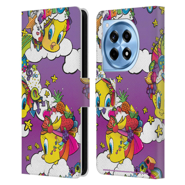 Looney Tunes Patterns Tweety Purple Leather Book Wallet Case Cover For OnePlus 12R