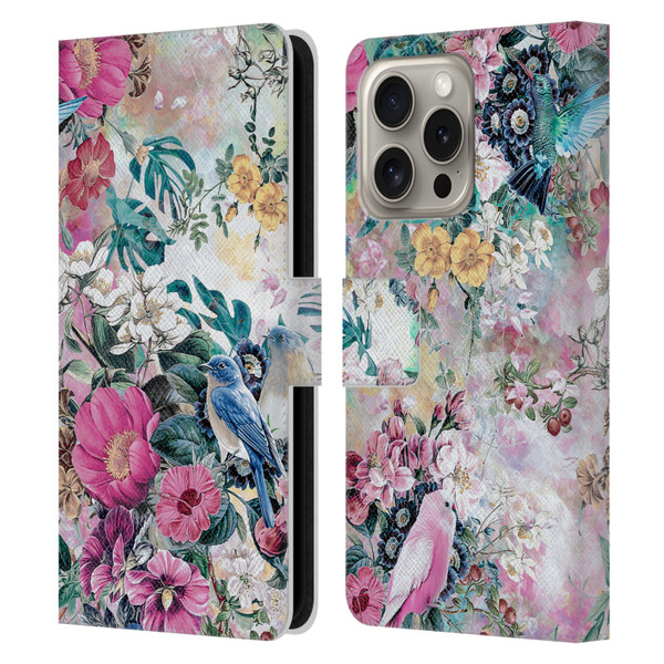 Riza Peker Florals Birds Leather Book Wallet Case Cover For Apple iPhone 16 Pro