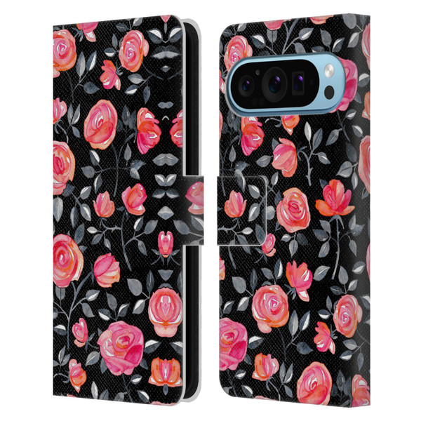Micklyn Le Feuvre Florals Roses on Black Leather Book Wallet Case Cover For Google Pixel 9 / Pixel 9 Pro