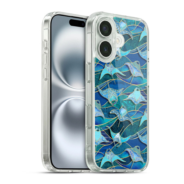 Micklyn Le Feuvre Flora And Fauna Patchwork Manta Rays in Blue Soft Gel Case for Apple iPhone 16 & MagSafe