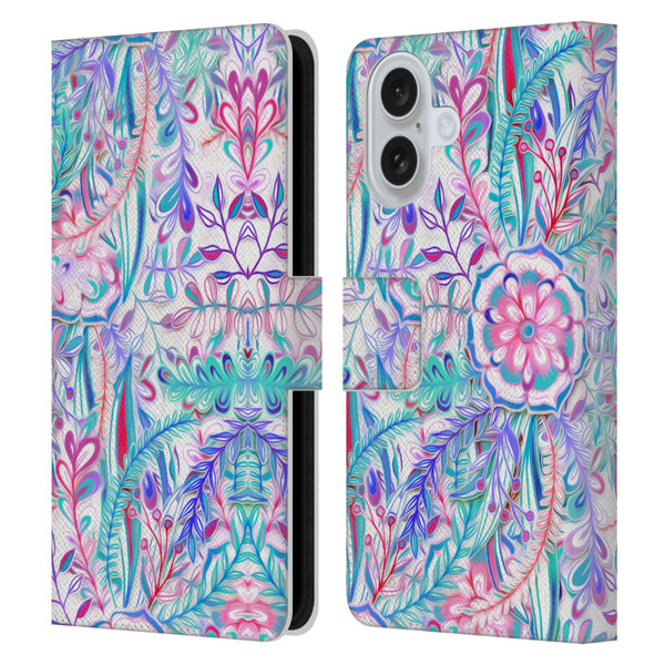 Micklyn Le Feuvre Florals Burst in Pink and Teal Leather Book Wallet Case Cover For Apple iPhone 16