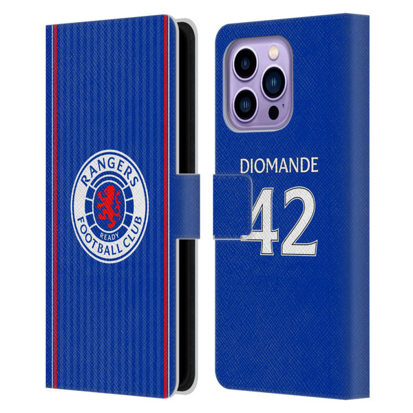Rangers FC 2023/24 Players Home Kit Mohamed Diomande Leather Book Wallet Case Cover For Apple iPhone 14 Pro Max