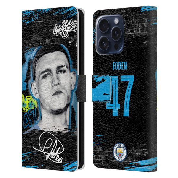 Manchester City Man City FC Graffiti Collection by Murwalls Phil Foden Leather Book Wallet Case Cover For Apple iPhone 16 Pro Max
