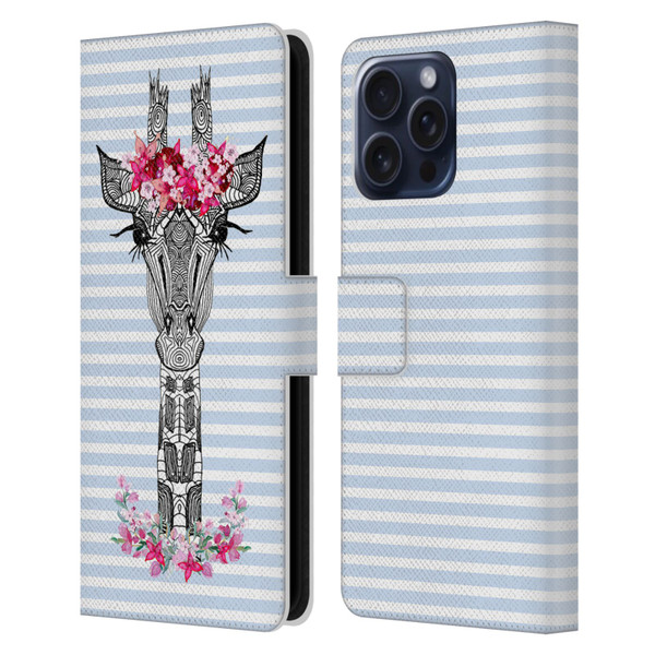 Monika Strigel Flower Giraffe And Stripes Blue Leather Book Wallet Case Cover For Apple iPhone 16 Pro Max