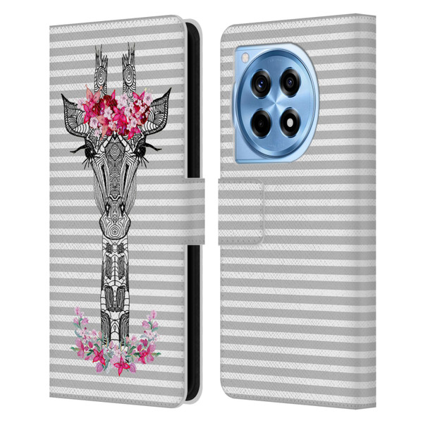 Monika Strigel Flower Giraffe And Stripes Grey Leather Book Wallet Case Cover For OnePlus 12R