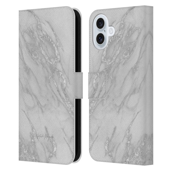Nature Magick Marble Metallics Silver Leather Book Wallet Case Cover For Apple iPhone 16 Plus