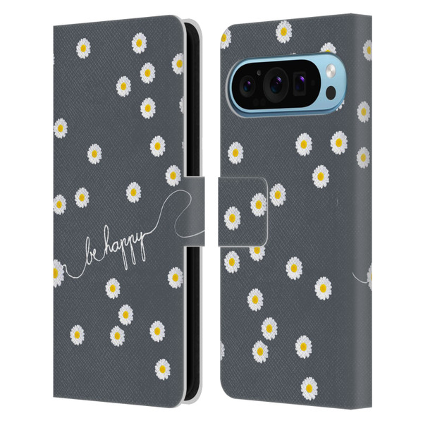 Monika Strigel Happy Daisy Grey Leather Book Wallet Case Cover For Google Pixel 9 / Pixel 9 Pro