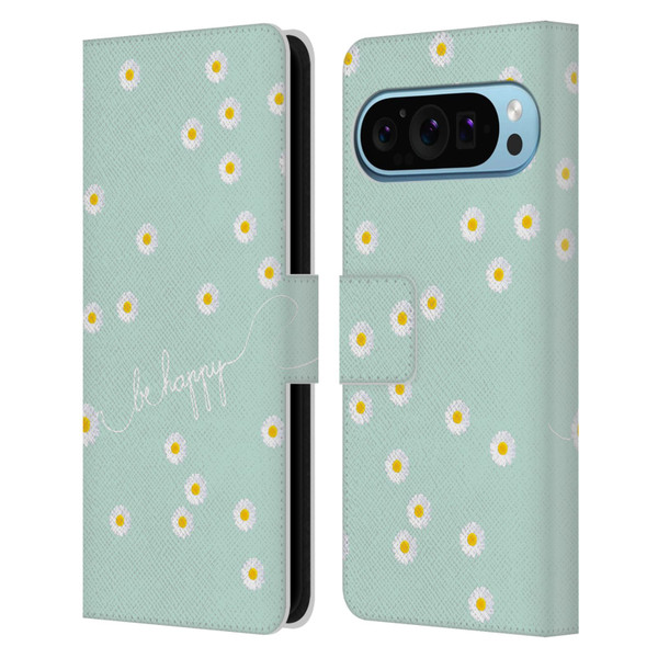 Monika Strigel Happy Daisy Mint Leather Book Wallet Case Cover For Google Pixel 9 / Pixel 9 Pro