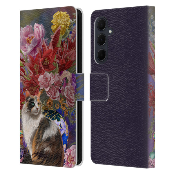 Nene Thomas Art Cat With Bouquet Of Flowers Leather Book Wallet Case Cover For Samsung Galaxy A35 5G