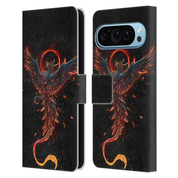Christos Karapanos Mythical Art Black Phoenix Leather Book Wallet Case Cover For Google Pixel 9 / Pixel 9 Pro