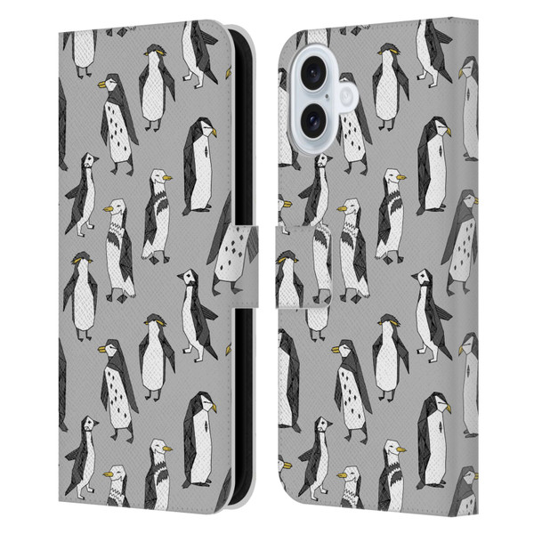 Andrea Lauren Design Birds Gray Penguins Leather Book Wallet Case Cover For Apple iPhone 16 Plus