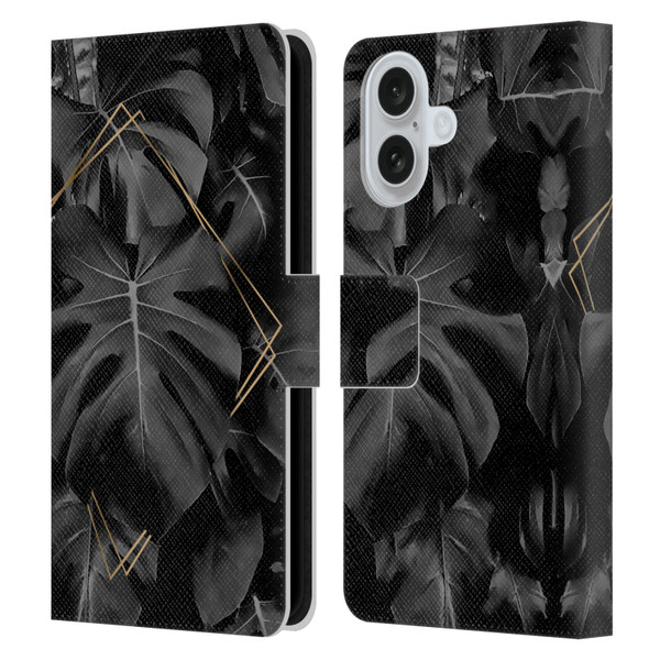 LebensArt Elegance in Black Deep Monstera Leather Book Wallet Case Cover For Apple iPhone 16