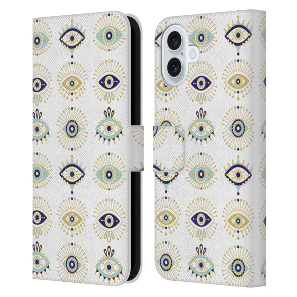 Cat Coquillette Linear White Evil Eyes Pattern Leather Book Wallet Case Cover For Apple iPhone 16 Plus