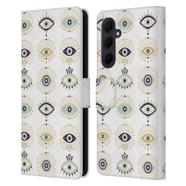 Cat Coquillette Linear White Evil Eyes Pattern Leather Book Wallet Case Cover For Samsung Galaxy A35 5G