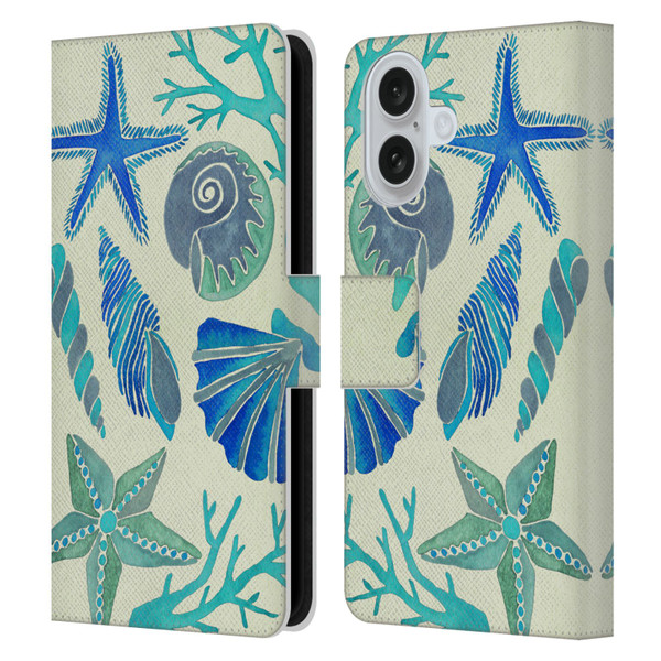Cat Coquillette Sea Seashells Blue Leather Book Wallet Case Cover For Apple iPhone 16