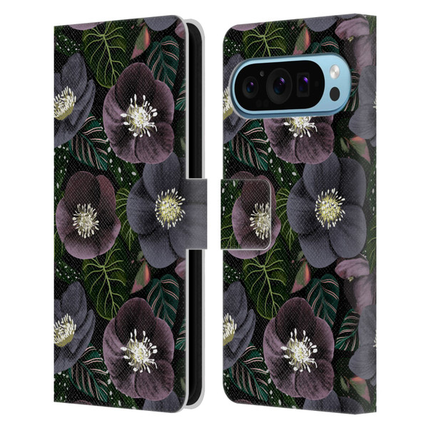 Anis Illustration Graphics Dark Flowers Leather Book Wallet Case Cover For Google Pixel 9 / Pixel 9 Pro