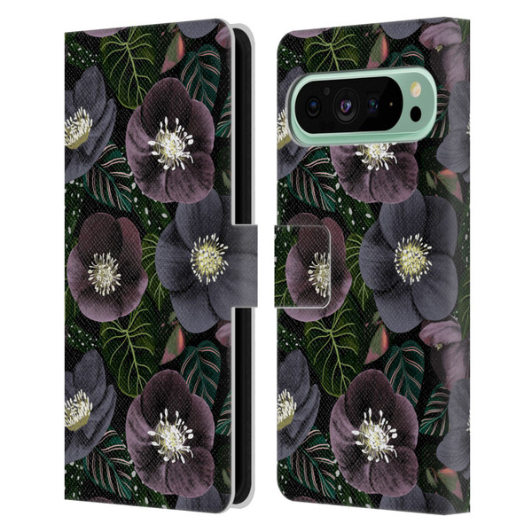 Anis Illustration Graphics Dark Flowers Leather Book Wallet Case Cover For Google Pixel 9 Pro XL
