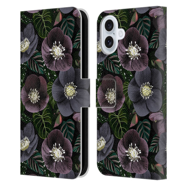 Anis Illustration Graphics Dark Flowers Leather Book Wallet Case Cover For Apple iPhone 16 Plus