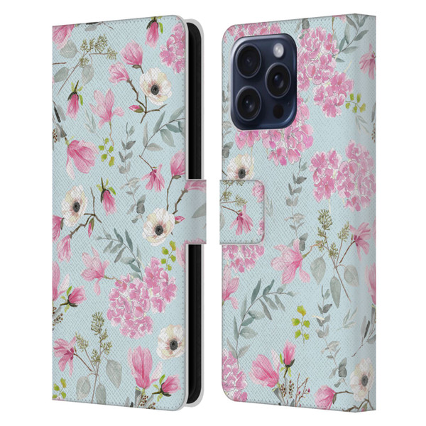 Anis Illustration Graphics Romantic Pattern Light Blue Leather Book Wallet Case Cover For Apple iPhone 16 Pro Max