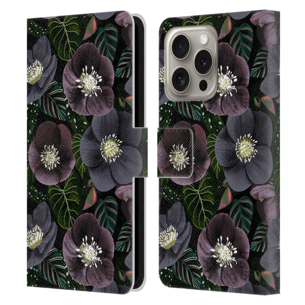 Anis Illustration Graphics Dark Flowers Leather Book Wallet Case Cover For Apple iPhone 16 Pro