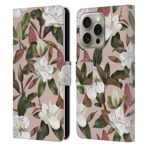Anis Illustration Magnolias Pattern Light Pink Leather Book Wallet Case Cover For Apple iPhone 16 Pro