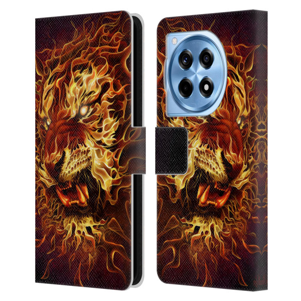 Tom Wood Fire Creatures Tiger Leather Book Wallet Case Cover For OnePlus 12R