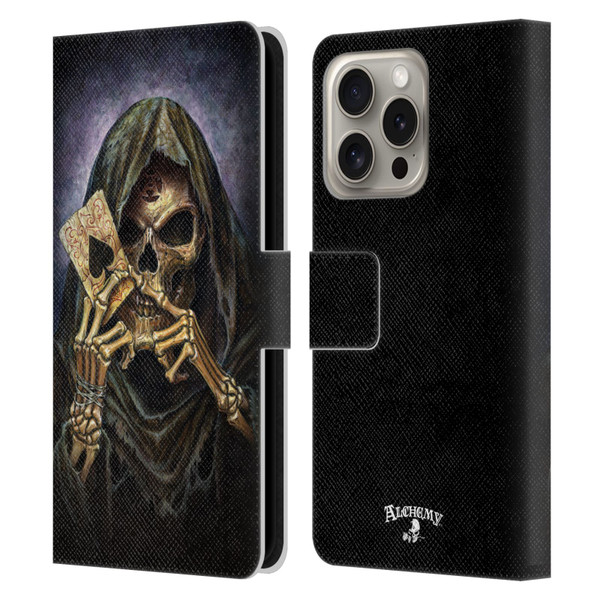 Alchemy Gothic Skull And Cards Reaper's Ace Leather Book Wallet Case Cover For Apple iPhone 16 Pro