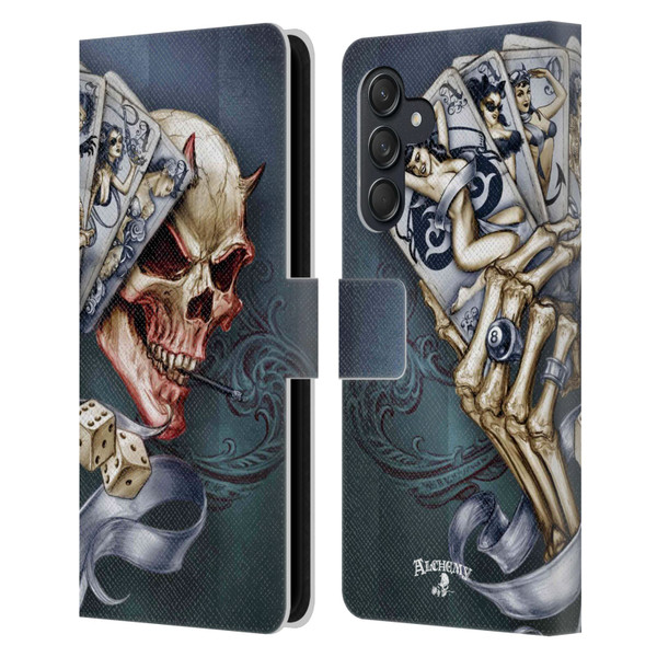 Alchemy Gothic Skull And Cards Read 'Em And Weep Leather Book Wallet Case Cover For Samsung Galaxy M55 5G