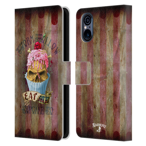 Alchemy Gothic Skull Eat Me Cupcake Leather Book Wallet Case Cover For Sony Xperia 5 V 5G