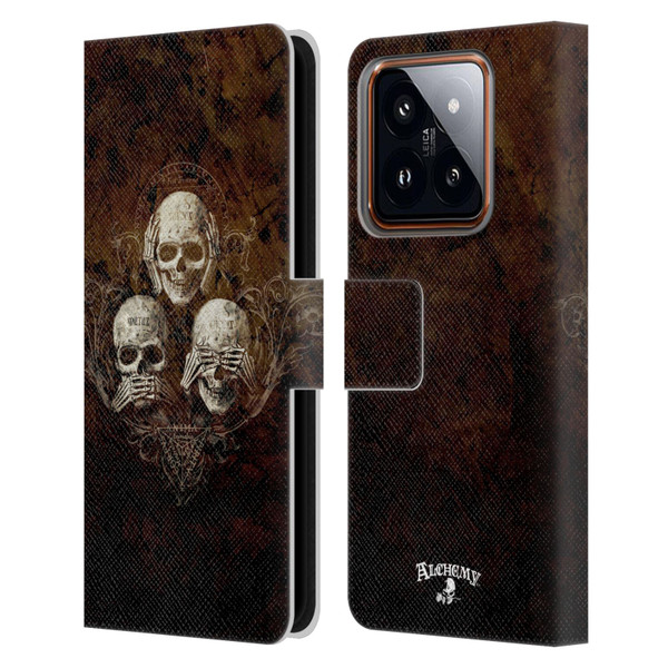 Alchemy Gothic Skull No Evil Three Skull Leather Book Wallet Case Cover For Xiaomi 14