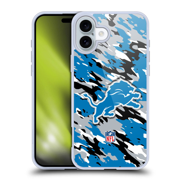 NFL Detroit Lions Logo Camou Soft Gel Case for Apple iPhone 16 Plus