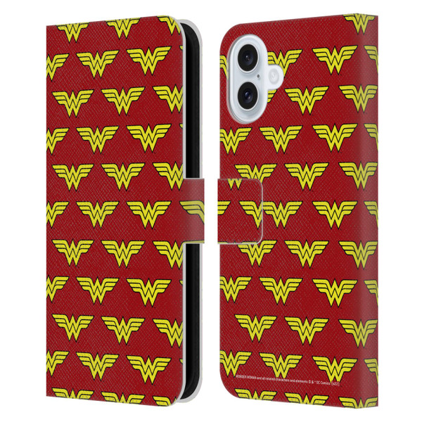 Wonder Woman DC Comics Logos Pattern Leather Book Wallet Case Cover For Apple iPhone 16 Plus