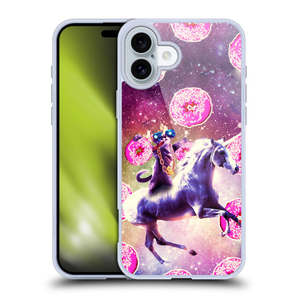 Random Galaxy Mixed Designs Thug Cat Riding Unicorn Soft Gel Case for Apple iPhone 16 Plus