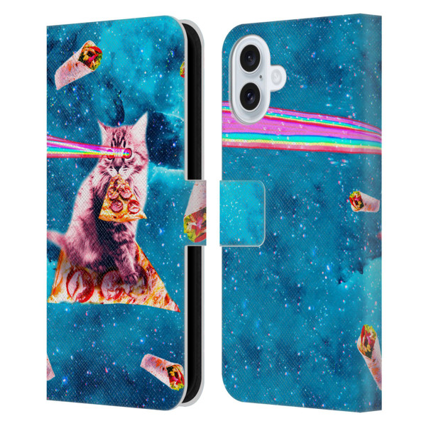 Random Galaxy Space Cat Lazer Eye & Pizza Leather Book Wallet Case Cover For Apple iPhone 16 Plus