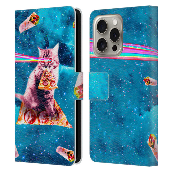 Random Galaxy Space Cat Lazer Eye & Pizza Leather Book Wallet Case Cover For Apple iPhone 16 Pro