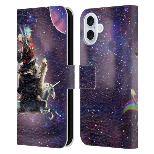 Random Galaxy Space Llama Unicorn Space Ride Leather Book Wallet Case Cover For Apple iPhone 16 Plus