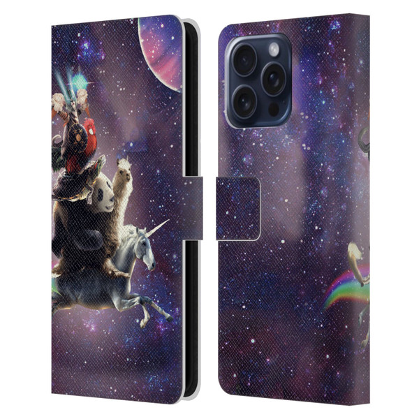 Random Galaxy Space Llama Unicorn Space Ride Leather Book Wallet Case Cover For Apple iPhone 16 Pro Max