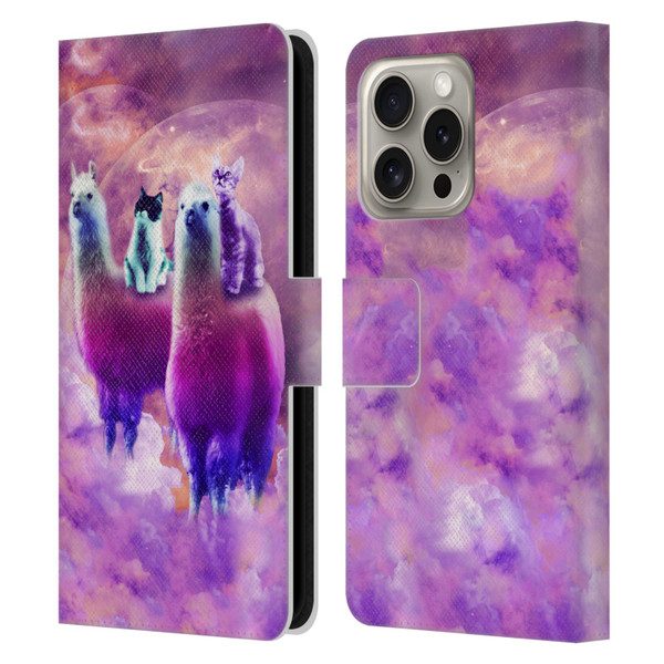 Random Galaxy Space Llama Kitty & Cat Leather Book Wallet Case Cover For Apple iPhone 16 Pro
